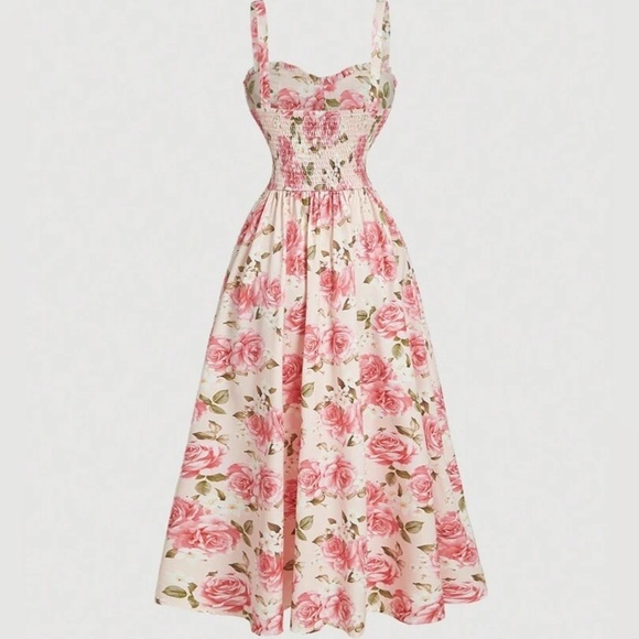 French Floral Print Spaghetti Strap Mid-Calf Dress - Picture 2 of 10